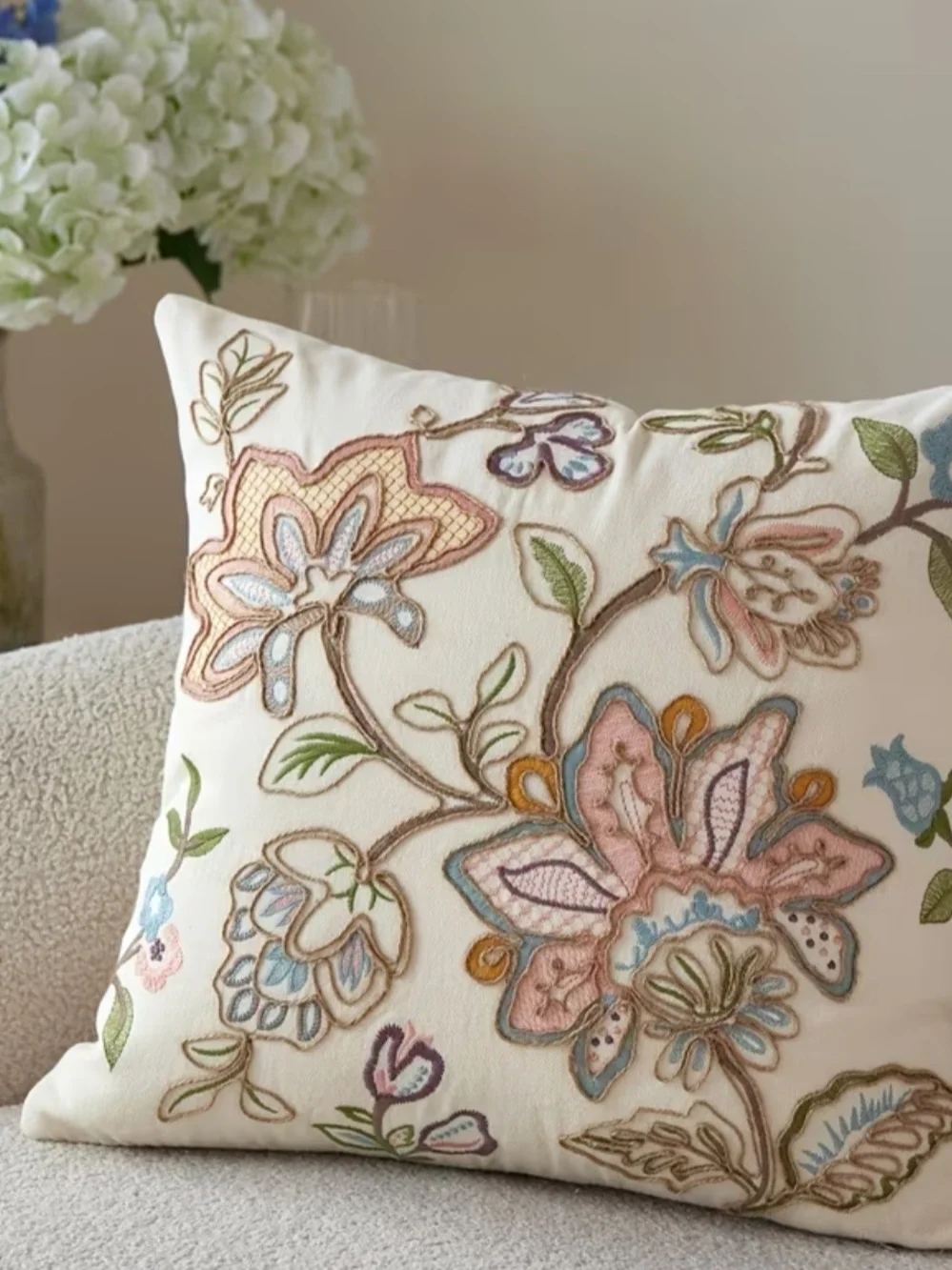 Embroidered Floral Accent Pillow in Cream with Pastel Blooms
